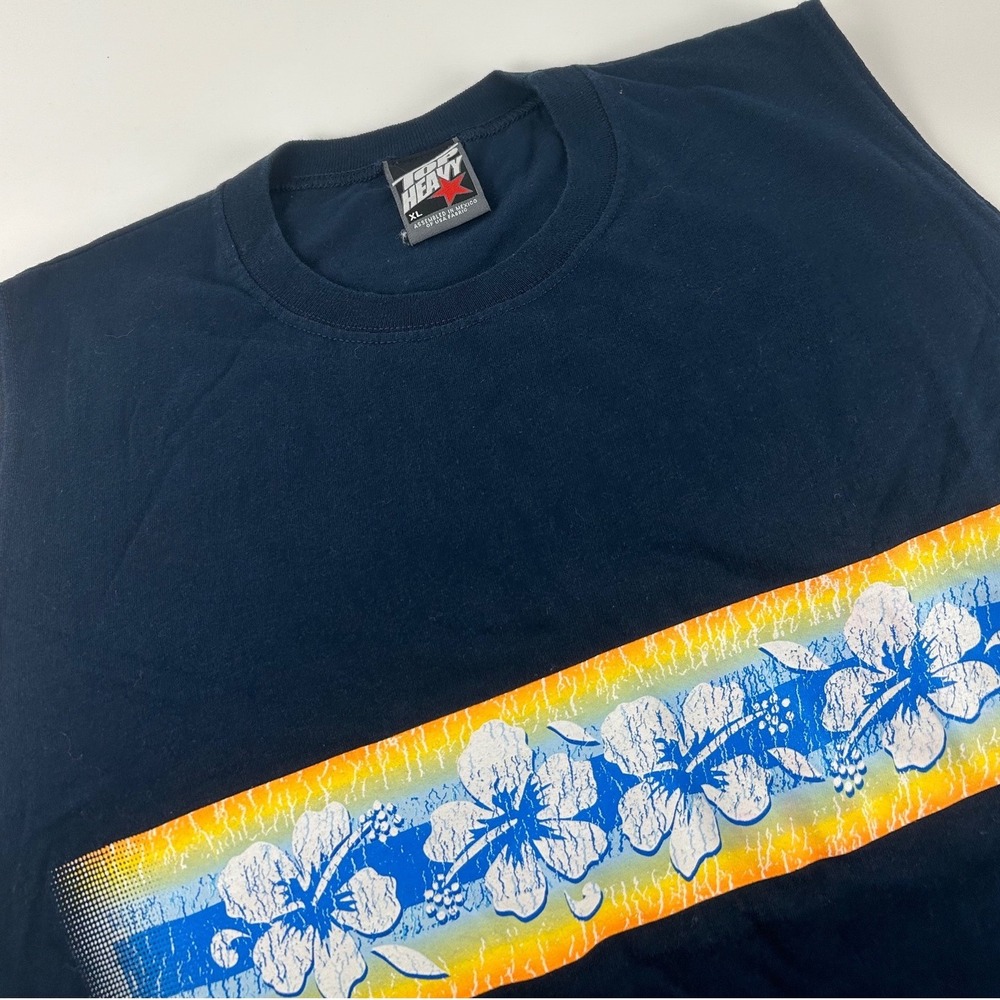 Top Heavy Mens XL Y2K VTG Navy Blue Hibiscus Floral Graphic Muscle Tee Tank Top